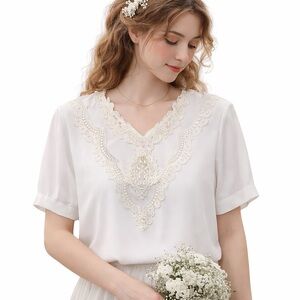 VTG 80s Kathy Che Lace Beaded Blouse Size 16 White Romantic Cottagecore Made USA